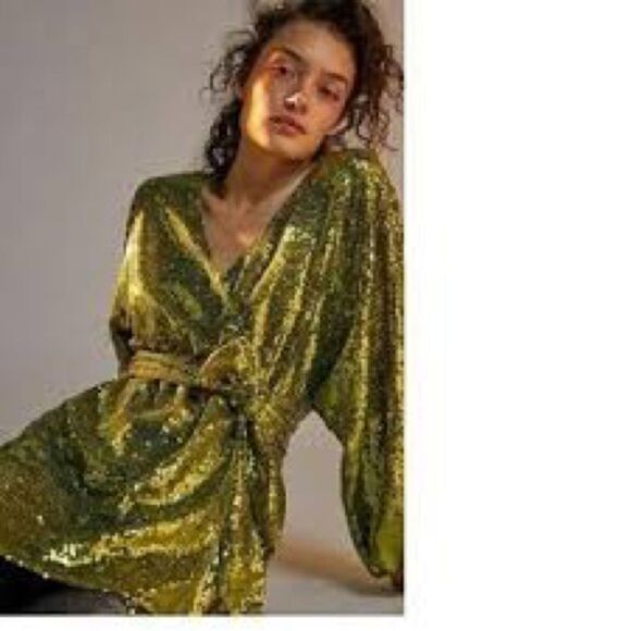 Anthropologie Chartreuse Lisabette Sequin Wrap Mini Dress, NWT - Picture 2 of 12